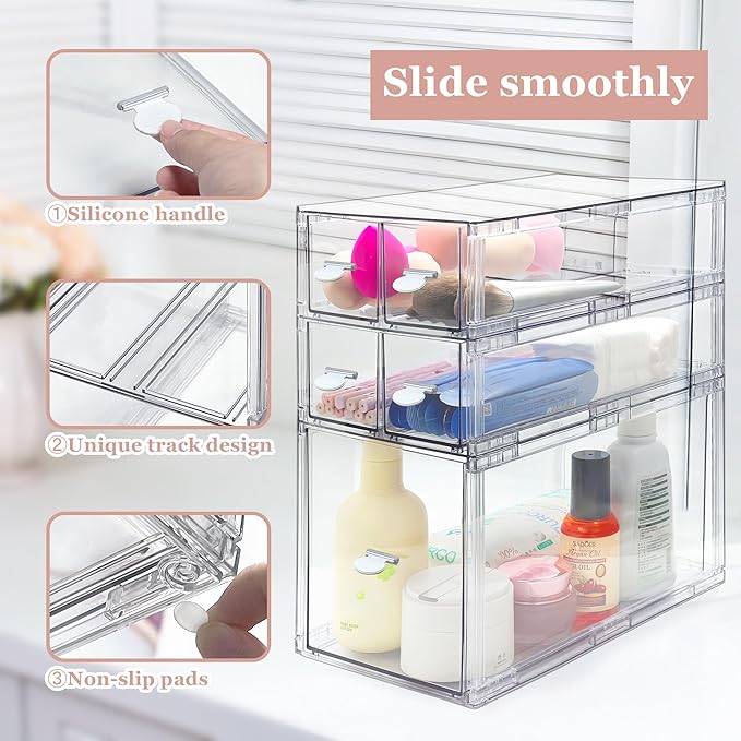 Homecor Stackable Storage Drawers Set of 7, Bathroom Makeup Organizer,Bathroom Organizers and Storage, Clear Cosmetic Storage Box For Vanity, Skincare, Undersink, Kitchen Organization (2L+M+4S)