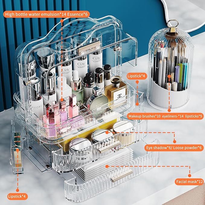 Makeup Organizer, Skincare Holder Bathroom Counter Organizer, Birthday Mothers Day Gifts for Mom Women Teen Girl, Storage Box Cosmetic Display Cases for Vanity, Dresser, Countertop (Clear)