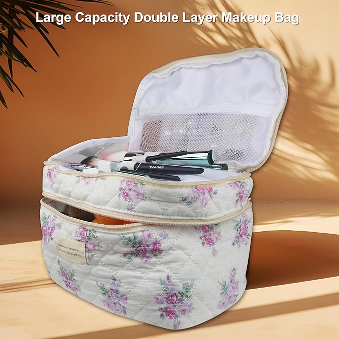 Dual Layer Cute Makeup Bag for Women(3 Pcs), Quilted Floral Coquette Aesthetic Make up Bags, Travel Cosmetic Bags Toiletry Organizer Bag(Purple Grass)