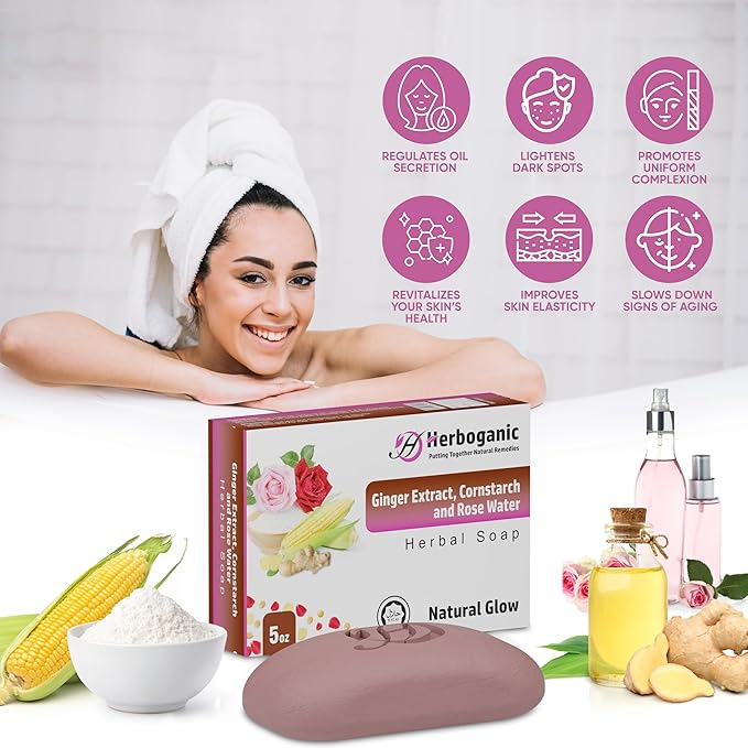 Ginger Extract, Cornstarch and Rose Water Herbal Soap | Pack of 6 of 5oz soap Bar | Ideal for Men and Women, Soothing and Nourishing Soap for Moisturization