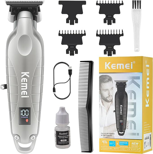 KEMEI 2293 Professional Hair/Beard Trimmer for Men Zero Gapped Hair Clippers for Barber with T Blade, Cordless Rechargeable, Silvery
