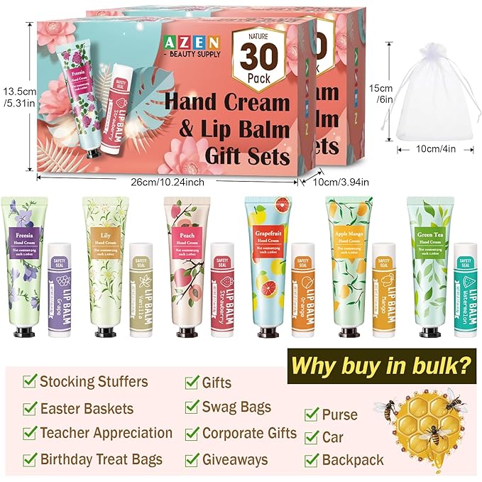 AZEN 60 Sets Hand Cream and Lip Balm Set with Organza Bag Thank You Card, Baby Shower Wedding Gifts for Guests, Bridal Souvenirs for Colleagues Employee Coworkers, Party Favor for Female Friends