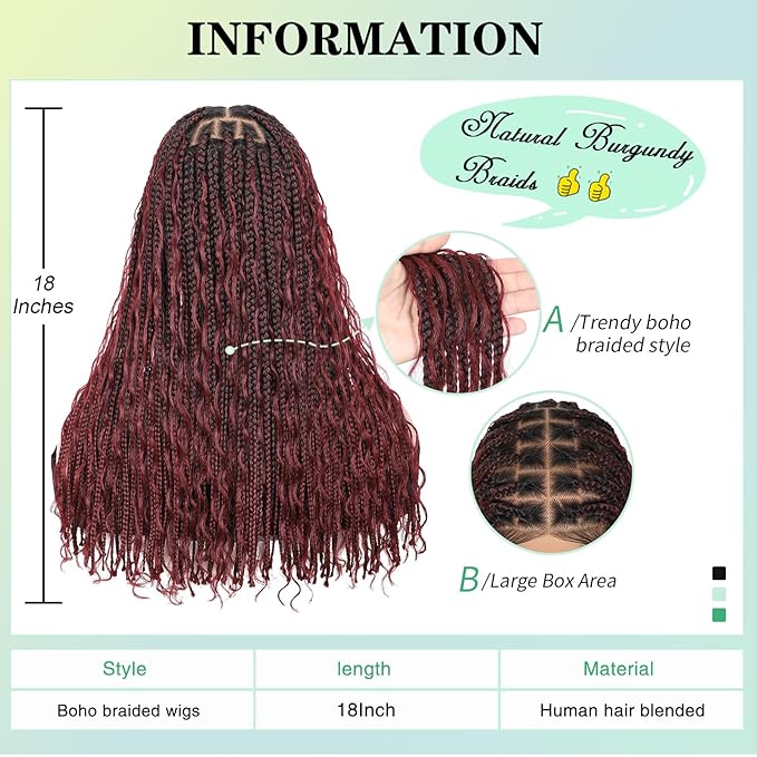 18" 13x8 Inch HD Lace Front Boho Box Braided Wigs With Cruls Ends Short Knotless Box Braid Wig for Women Full Braided Lace Front Wig With Baby Hair Burgundy Natural Color