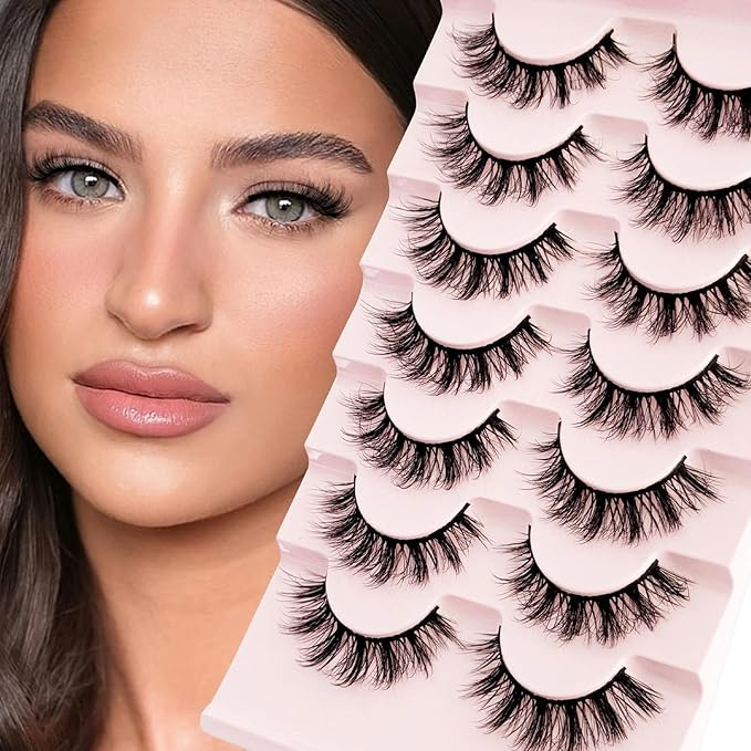 Short Lashes Natural Look Mink Lashes Fluffy Wispy Lashes Strips Russian D Curl NINGLASH False Eyelashes Cat Eye Lash that Look Like Extensions Fake Eyelash 14mm Faux 3D 7 Pairs Lash Pack