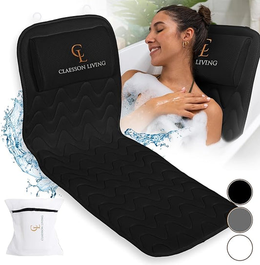 Full Body Bath Pillow (17'' x 49'') - Bathtub Cushion with Headrest Supports Neck, Back and Legs - Free Hanging Hooks for Fast Drying Over Tub - Includes Washing and Travel Bags - Black