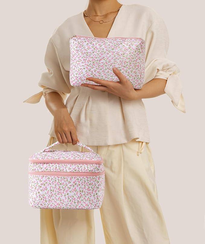 HBselect 2Pcs Travel Makeup Bag, Large Cotton Quilted Makeup Bag Cosmetic Bag Cute Make up Bag Toiletry Bags for Women Girls