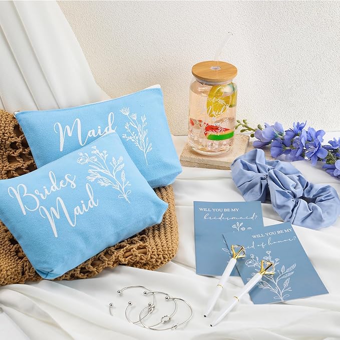 Irenare 36 Pcs Bridesmaid Proposal Gifts Bridal Shower Gifts 16 oz Glass Cup Cosmetic Makeup Bags Invited Cards Scrunchies Hair Knotted Bracelets Diamond Pens Favors for Wedding (Blue)