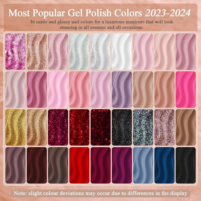 48pcs Gel Nail Polish Kit with UV Light, 36 Colors Gel Polish with 48W Nail Lamp for All Seasons Nude Pink Glitter Soak off Nail Polish Set with Glossy & Matte Base Top Coat, Nails French Art Design Manicure Tools Gift for Woman