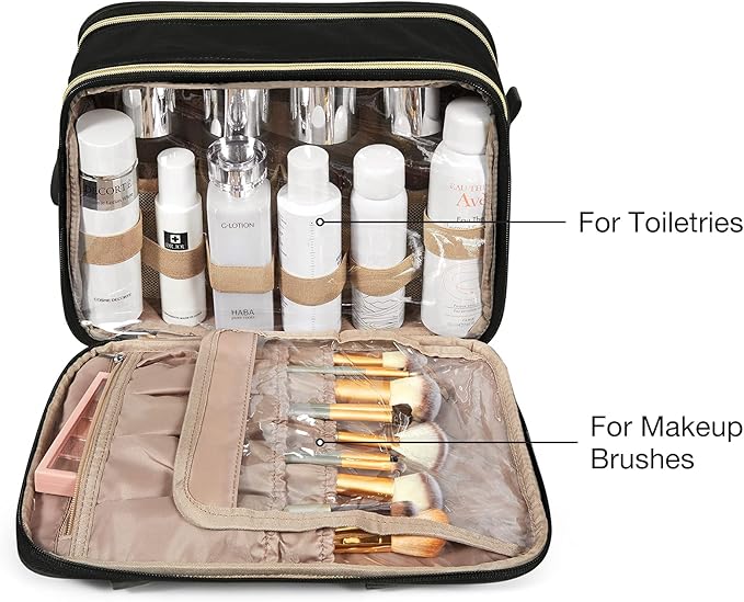 BAGSMART Large Toiletry Bag, Travel Makeup Organizer, Water-resistant Makeup Cosmetic Bag Door Room Essentials Travel Bag for Accessories, Shampoo, Full Sized Container, Toiletries (Black, Large)
