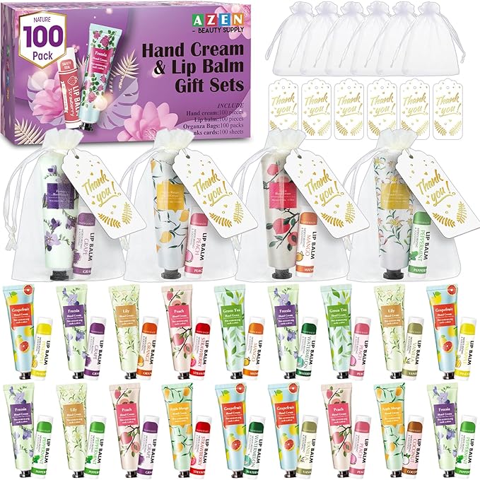 AZEN 100 Sets Hand Cream and Lip Balm Set with Organza Bag Thank You Card, Baby Shower Wedding Gifts for Guests, Bridal Souvenirs for Colleagues Employee Coworkers, Party Favor for Female Friends