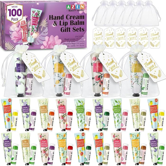 AZEN 100 Sets Hand Cream and Lip Balm Set with Organza Bag Thank You Card, Baby Shower Wedding Gifts for Guests, Bridal Souvenirs for Colleagues Employee Coworkers, Party Favor for Female Friends