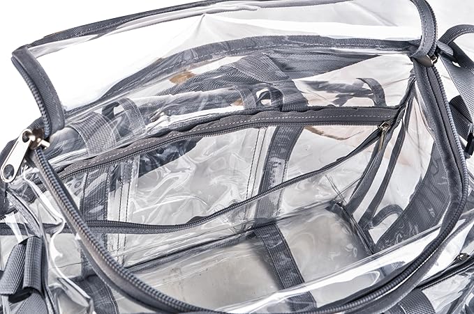 Wide Mouth Large Professional Clear PVC Travel Makeup Artist Set Bag Cosmetic Nails Beauty Bag Transparent Vinyl Tool Organizer Work Bag Beach Bag Diaper Bag with 6 External Pockets & Strap (Grey)