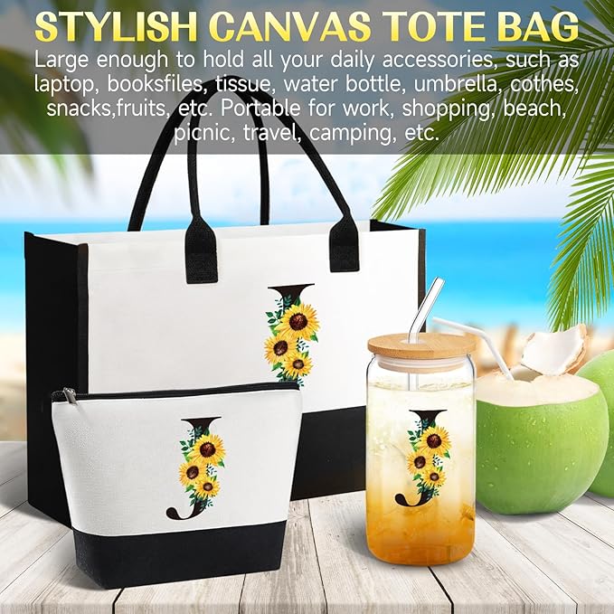 Personalized Gifts for Women, Monogrammed Gifts for Women, Initial Monogram Gifts Sunflower Birthday Gifts for Women Mom Sister Best Friends - Monogrammed Canvas Tote Bag & Makeup Bag & Glass Cup J