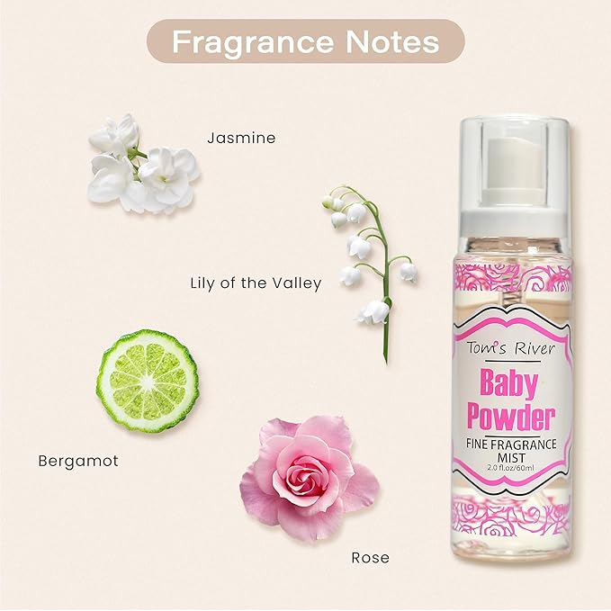 Tom's River Fine Fragrance Body & Hair Mist | Baby Powder Scented (Pack of 3) | For Daily Use | Travel-Friendly | 2 fl oz/ 60ml per Bottle