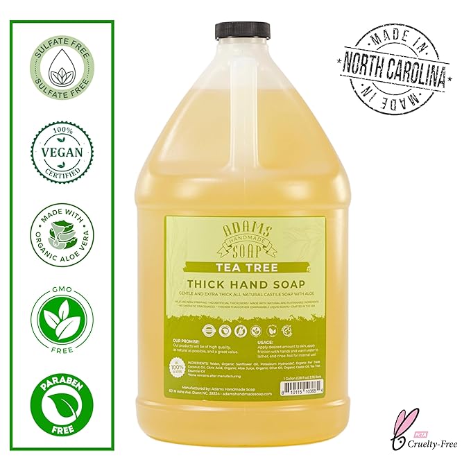 Adams Handmade Soap Thick Organic Castile Liquid Hand Soap 1 Gallon Refill - Tea Tree (Pack of 4)