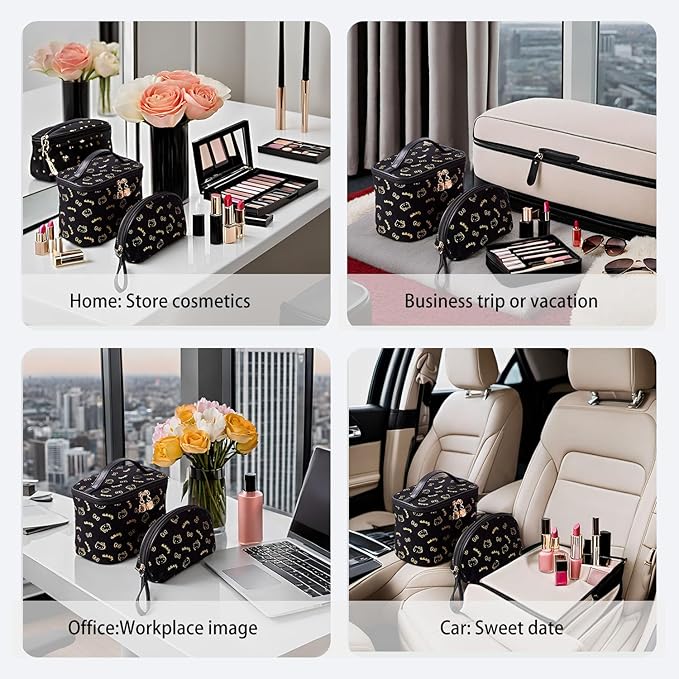 AmBealla Make up Bag Travel Cosmetic Bags Brush Holder Zipper Pouch Case Organizer Cute Organizer Suitable for Purse for Women (Black 2PCS)