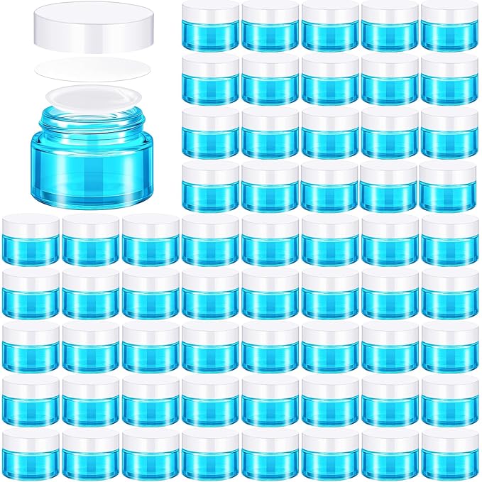 Domensi 60 Pcs 1oz Glass Jars with Lids Bulk Salve Tins Small Glass Candle Cosmetic Jars for Travel with Inner Liners Containers for Lotions Sample Cream(Light Blue, White Lids)