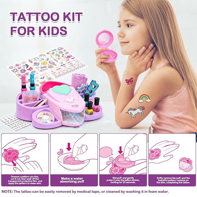 Nail Kit For Girls - Girls Toys 8 -10, Kids Nail Polish Set with Nail Dryer & Temporary Tattoo Kids, Spa Day Kit for Girls, Manicure Birthday Gifts Toys for Girls 6 7 8 9 10-12 Years old