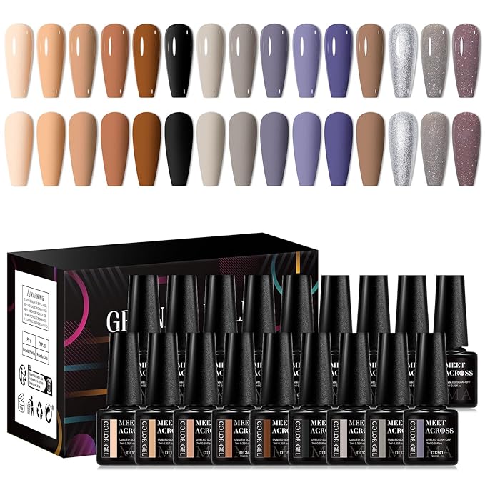 MEET ACROSS Brown Nude Gel Nail Polish Set Chocolate Gel Polish Kit All Seasons Gray Dark Tan Taupe Nail Gel Polish Soak Off UV Nail Design Home Diy Gift for Women 18pcs*7ml