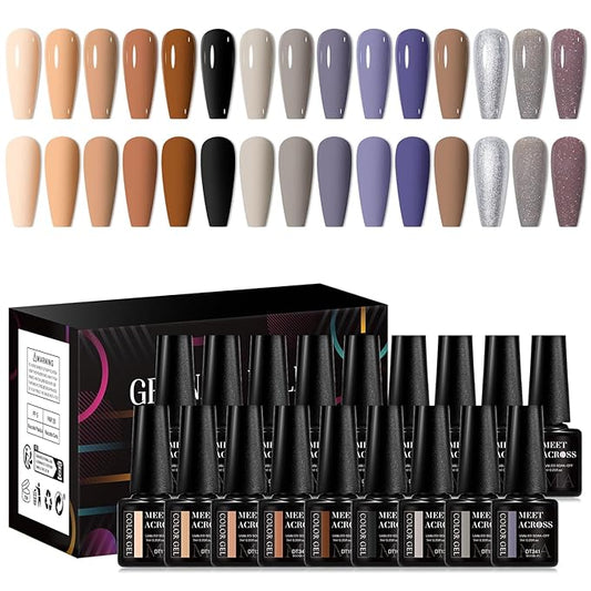 MEET ACROSS Brown Nude Gel Nail Polish Set Chocolate Gel Polish Kit All Seasons Gray Dark Tan Taupe Nail Gel Polish Soak Off UV Nail Design Home Diy Gift for Women 18pcs*7ml
