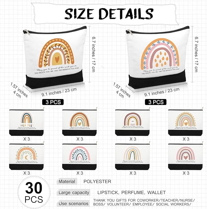 Sieral 30 Pcs Rainbow Canvas Makeup Bags Bulk Employee Appreciation Gifts Graduation Inspirational Cosmetic Bags Thank You Gifts for Teacher Secretary Coworker Volunteer Nurse(Vibrant)