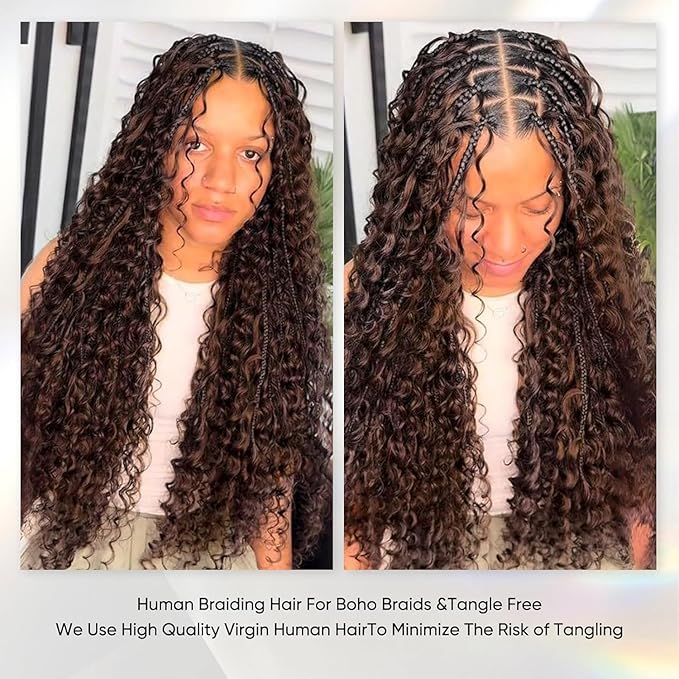 Chocolate Brown Human Braiding Hair for Boho Braids #4 Deep Water Wave Bulk Human Hair 110g 18 Inch Curly Human Hair Extensions Wet and Wavy Braiding Hair No Weft 2 Bundles/Pack