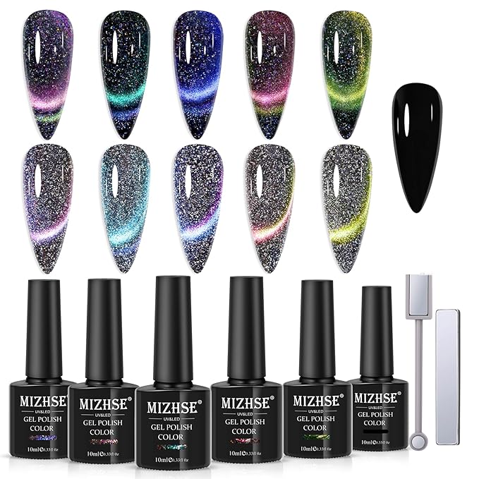 MIZHSE Reflective 9D Cat Eye Gel Nail Polish, Glitter Magnetic Gel Polish Set with 2 Magnet Sticks, Chameleon Magic Effect Holographic Cateye Nail Polish Soak Off Nail Art Gift