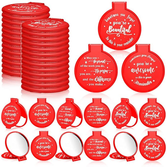 Wenqik 64 Pcs Compact Mirror Bulk Red Gifts for Women Small Inspirational Pocket Purse Handheld Mirror Portable Round Makeup Folding Appreciation Gift for Valentine Christmas Daily Travel Coworker