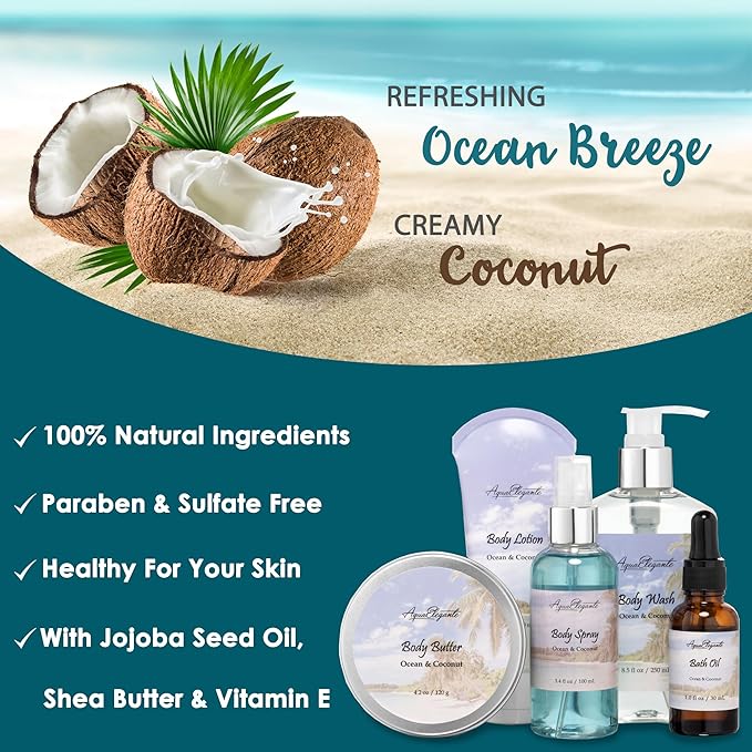 Spa Gift Baskets For Women - Luxury Bath Set With Ocean & Coconut - Spa Kit Includes Body Wash, Bubble Bath, Lotion, Body Butter, Soap, Bath Oil, Shower Puff, and Towel