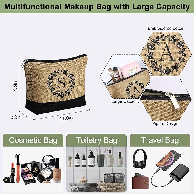 YOOLIFE Mothers Day Gifts - Initial Jute Tote Bag & Makeup Bag, Personalized Gifts for Women Mom Wife Teacher Friend Birthday