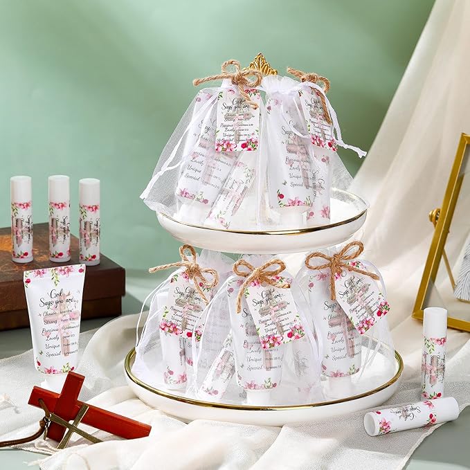 24 Sets Christian Hand Cream and Lip Balm Gift Set Christmas Christian Gift for Women Travel Size Hand Lotion Bible Verse Lip Balm Bulk for Baby Bridal Shower Mom Holiday Gift(Cute)