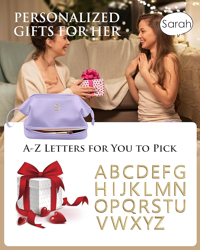 Initial Large Makeup Bag, Gift for Women Personalized Double Layer Cosmetic Bag with Makeup Brush Organizer, Teacher Gift, Large Capacity PU Leather Travel Toiletry Bag Graduation Gift