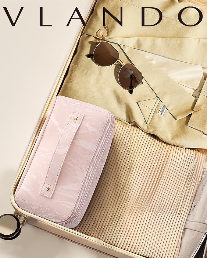 Vlando Makeup Bag,Travel Makeup Bag Waterproof Portable Cosmetic Bag PU Leather Open Flat Make up Organizer for Toiletries,Christmas Gifts Birthday Gifts for Women Girls Travelers(Sand Pink)