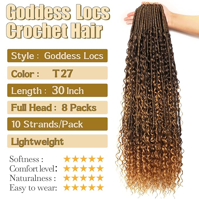 8 Packs Goddess Faux Locs Crochet Hair-30 Inch Boho Soft Locs Crochet Hair for Black Women (T27, 30 Inch(Pack of 8))