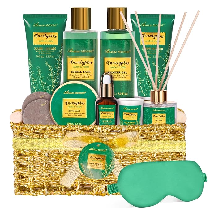 Gift Baskets for her, Spa Gifts for Women-13pcs Eucalyptus At Home Spa Kit with Body Salt, Bubble Bath. Relaxing Bath Sets for Women Gift, Birthday Gifts for Women, Mothers Day Gifts for Mom