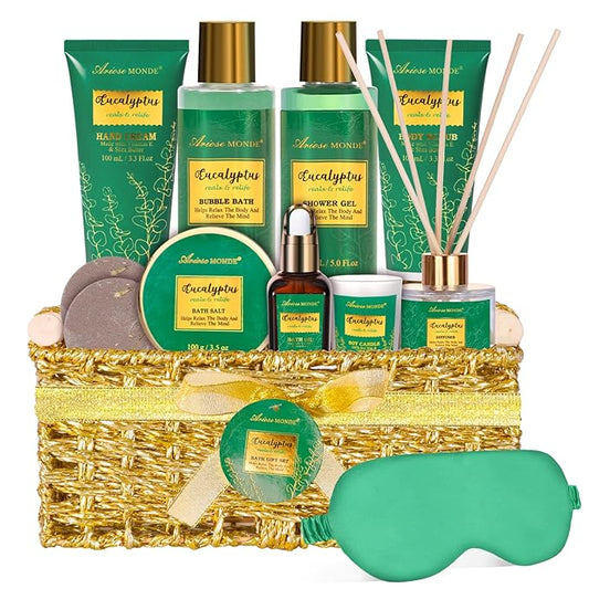 Gift Baskets for her, Spa Gifts for Women-13pcs Eucalyptus At Home Spa Kit with Body Salt, Bubble Bath. Relaxing Bath Sets for Women Gift, Birthday Gifts for Women, Mothers Day Gifts for Mom
