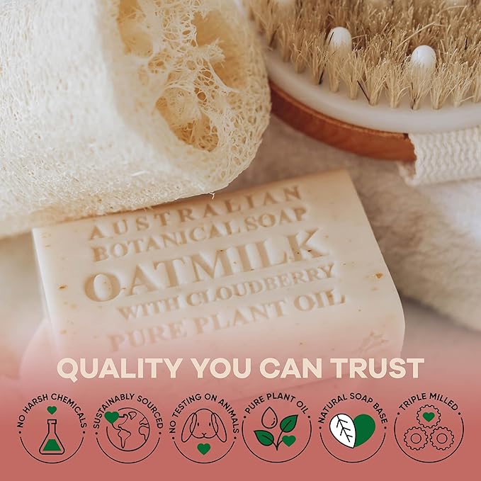 Australian Botanical Soap Oat Milk with Cloudberry 6.6 oz Luxury Soap Bars Enriched with Shea Butter, Suitable for Men, Women and All Skin Types, Pack of 4