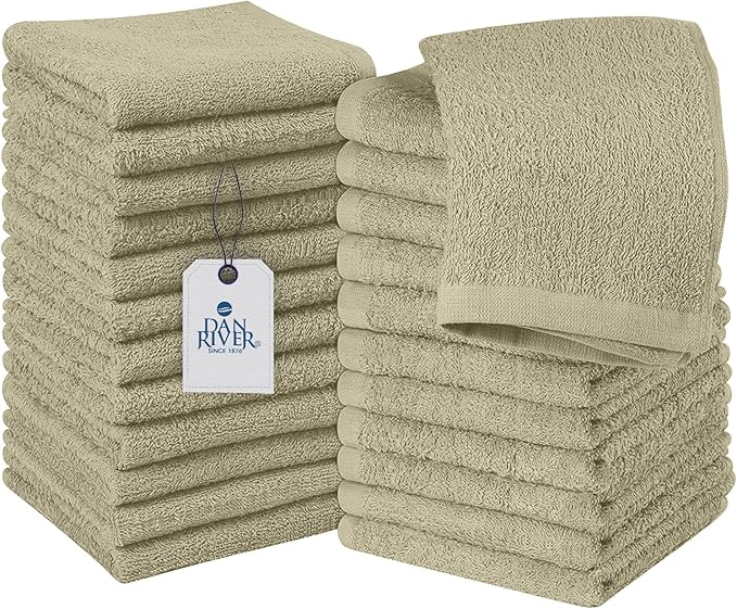 DAN RIVER 100% Cotton Washcloths 24 Pack Premium Quality Face and Body Cloth, Quick Dry Essential Towels for Bathroom, Hand, Kitchen & Cleaning, Baby Rugs | 12X12 in | 400 GSM | Beige