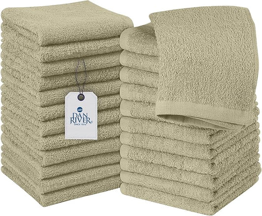 DAN RIVER 100% Cotton Washcloths 24 Pack Premium Quality Face and Body Cloth, Quick Dry Essential Towels for Bathroom, Hand, Kitchen & Cleaning, Baby Rugs | 12X12 in | 400 GSM | Beige