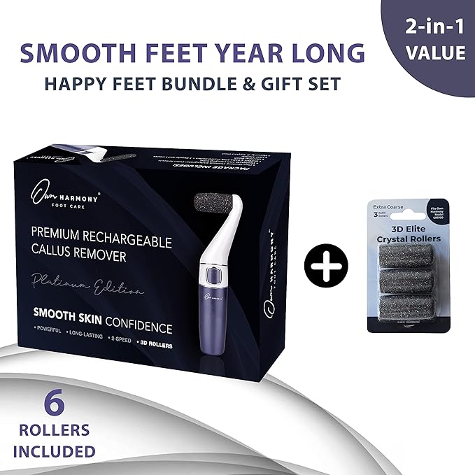 Own Harmony Electric Foot Callus Remover and 6 Rollers Bundle: Professional Foot Care Pedicure Tools, Rechargeable Dead Skin Feet Scrubber, Electronic Feet File Grinder - Best for Hard, Cracked Heels
