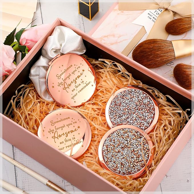 Roowest 20 Pcs Inspirational Compact Mirror Sometimes You Forget You're Awesome Appreciation Gifts for Women Mother's Day Party Favors Magnifying Pocket Mirror (Rose Gold)