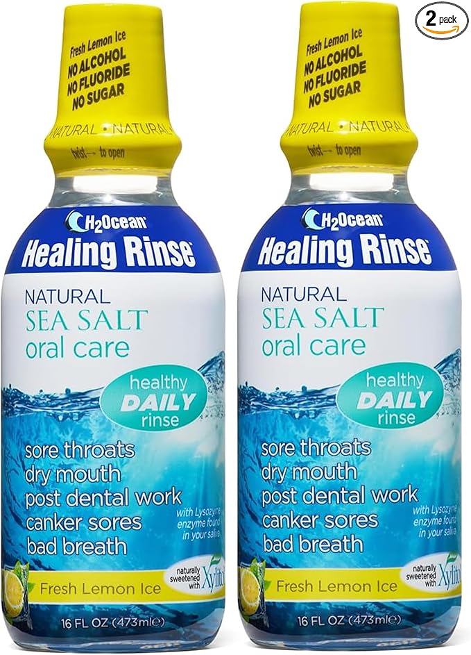 2 Pack H2Ocean Healing Rinse Mouthwash- Great Tasting Sea Salt & Xylitol Mouth Wash for Fresh Breath & Dry Mouth - Alcohol & Fluoride Free - Lemon Ice 16oz