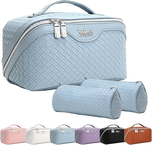 BOYATU Travel Makeup Bags for Women: Large Makeup Organizer - PU Leather Make up Bag Set of 3 - Portable Toiletry Bag with Compartments & Handle & Divider (L02 Light Blue)