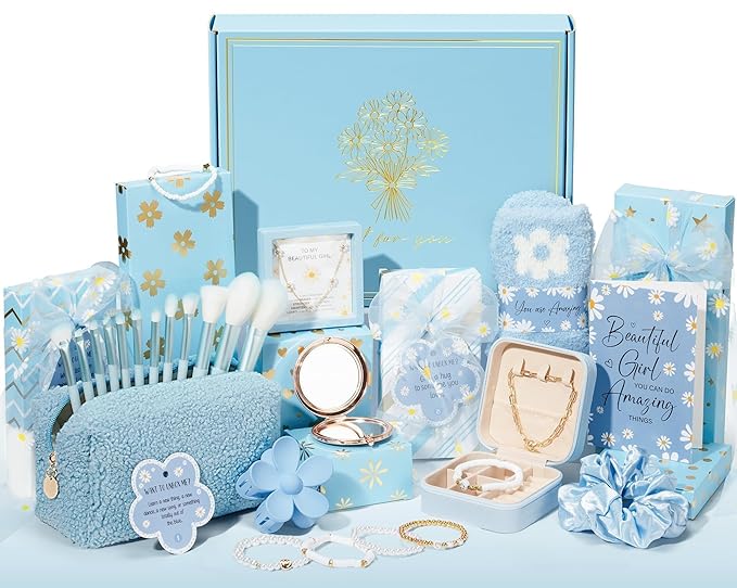 Birthday Gifts for Teen Girls - 8 PCS Graduation Gifts Basket for Tween Teen Girls, Teen Girl Gifts Trendy Stuff Fun Girl Empower Gift Box w/Task Tag, Make up Brushes Makeup Bag for Niece Daughter Her