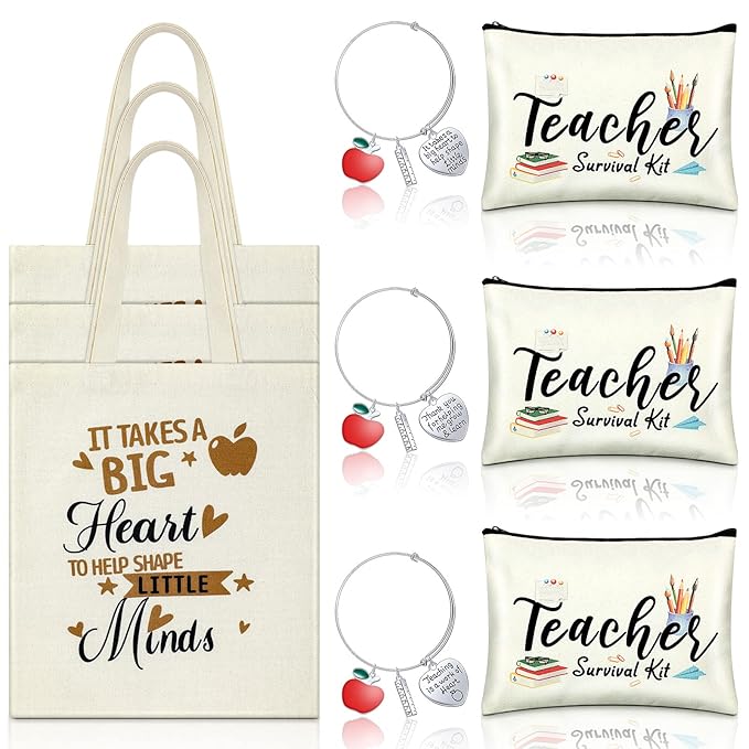 9 Pcs Teacher Appreciation Gifts Sets Teacher Makeup Pouch Cosmetic Bag Teacher Tote Bag Bulk Canvas Teacher Bangle Bracelet Teacher's Day Birthday Graduation Back to School Gift for Teacher