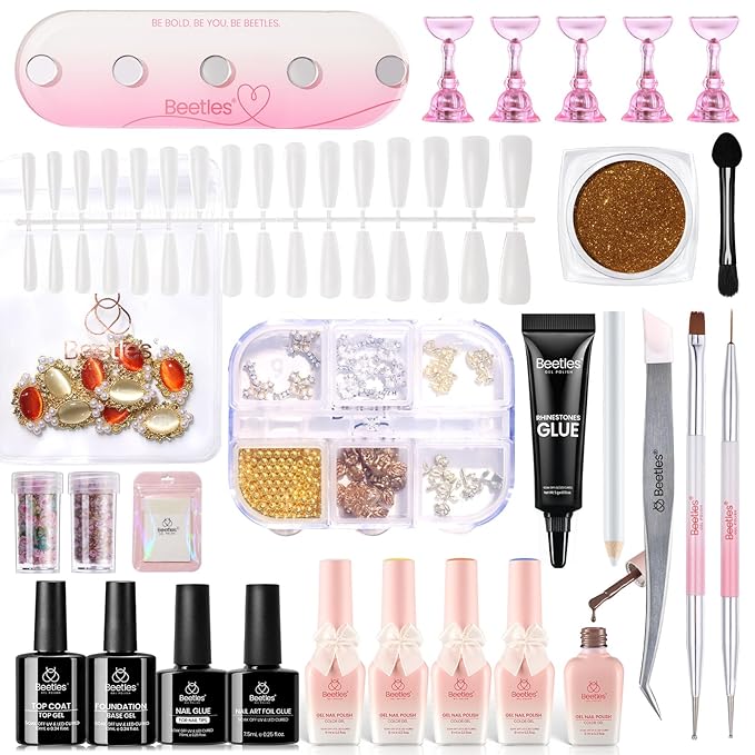 Beetles X DIY Nail, Goddess Revival Gel Nail Polish Kit 5 Color Brown Blue White Uv Gel Polish with 160pcs Nail Tips Golden Gemstone Charms Nail Foil Stickers Nail Decors Manicure Gifts for Girls