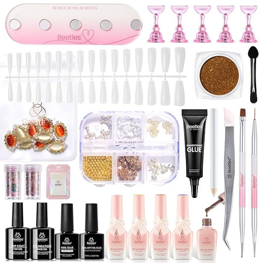 Beetles X DIY Nail, Goddess Revival Gel Nail Polish Kit 5 Color Brown Blue White Uv Gel Polish with 160pcs Nail Tips Golden Gemstone Charms Nail Foil Stickers Nail Decors Manicure Gifts for Girls