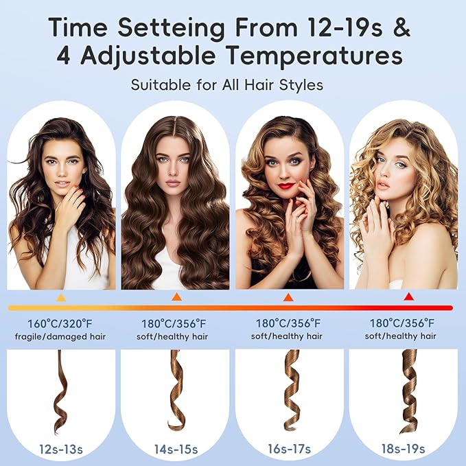 Automatic Hair Curler Auto Rotating Curling Iron with 4 Temps & 8 Timers(12s-19s), LCD Display, 1" Barrel | Dual Voltage Fast Heating, Anti-Scald & Auto Off for Home Salon & Travel Use(Black)