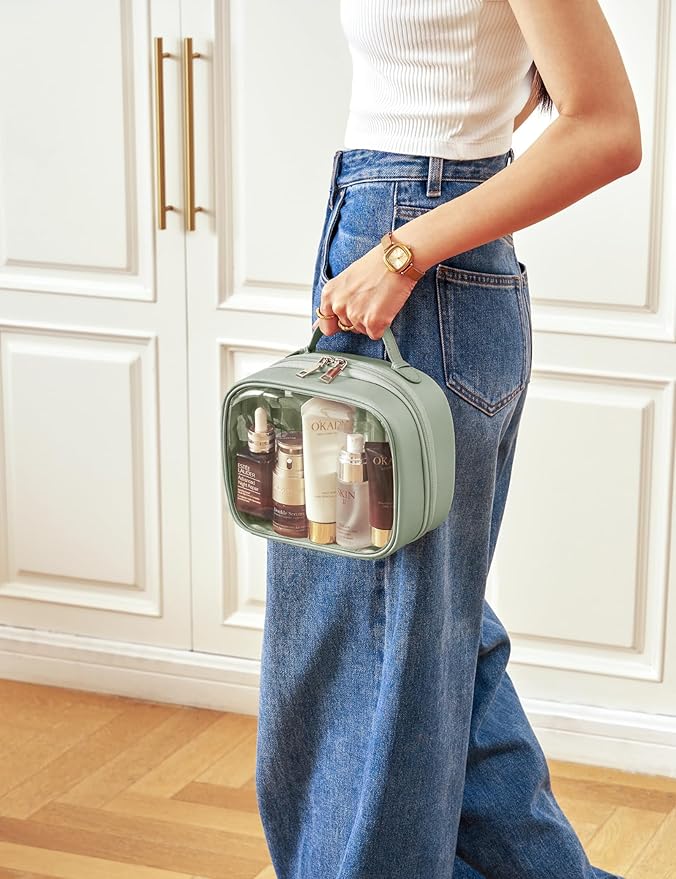 Clear Cosmetic Bag Double Layer 4 Compartments Travel Toiletry Bag Clear Makeup Bag Case with Zipper Transparent Travel Bag for Toiletries, TSA Approved, Gift for Women Girls (Sage Green)