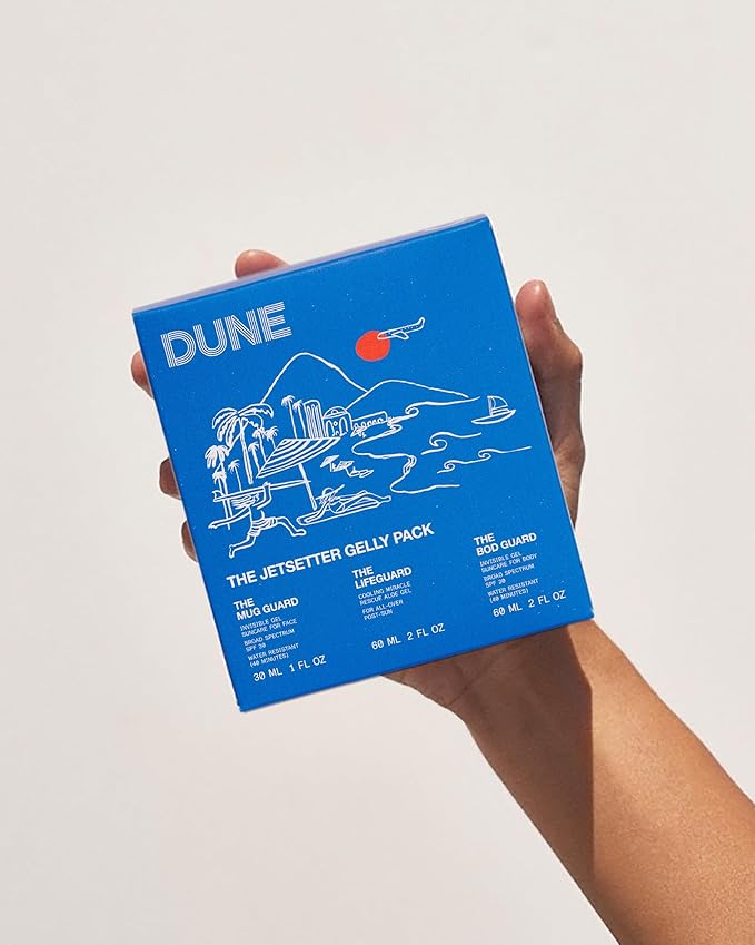 Jetsetter Gelly Pack Mini Travel Set - 7x Award-Winning Dermatologist Recommended Clear Gel Suncare for Face and Body - Bod Guard (2 Fl Oz), Mug Guard (1 Fl Oz), and Life Guard (2 Fl Oz)